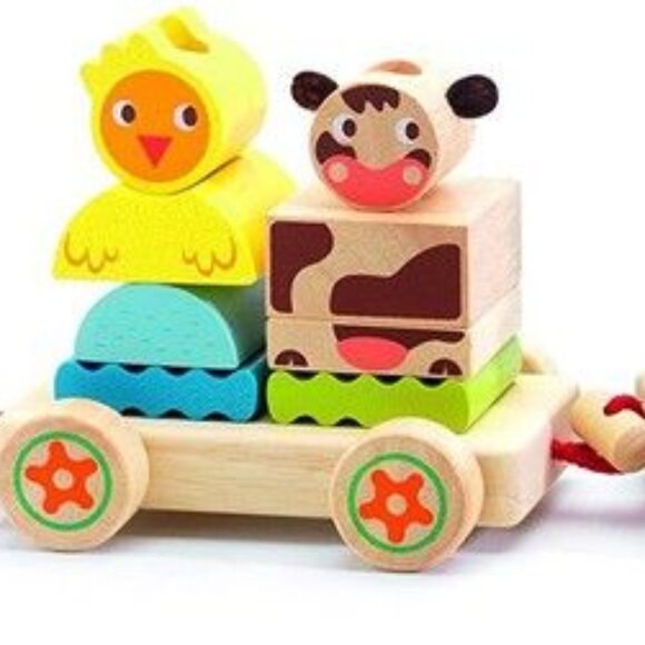 New Sealed Djeco Creaferme Wooden Train Push/Pull Along Stacking Toy - Picture 7 of 16